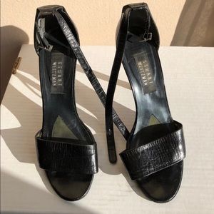 Stuart Weitzman Black Leather Ankle Strap Heels.